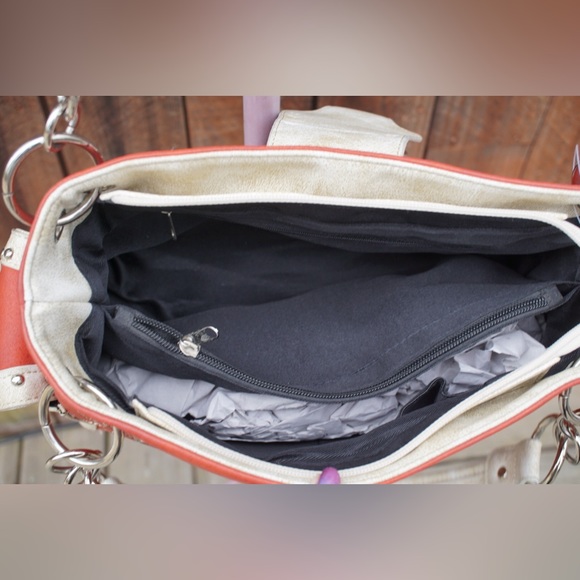 Orange and Turquoise Studded Accented Western Style Satchel Handbag - Picture 11 of 16